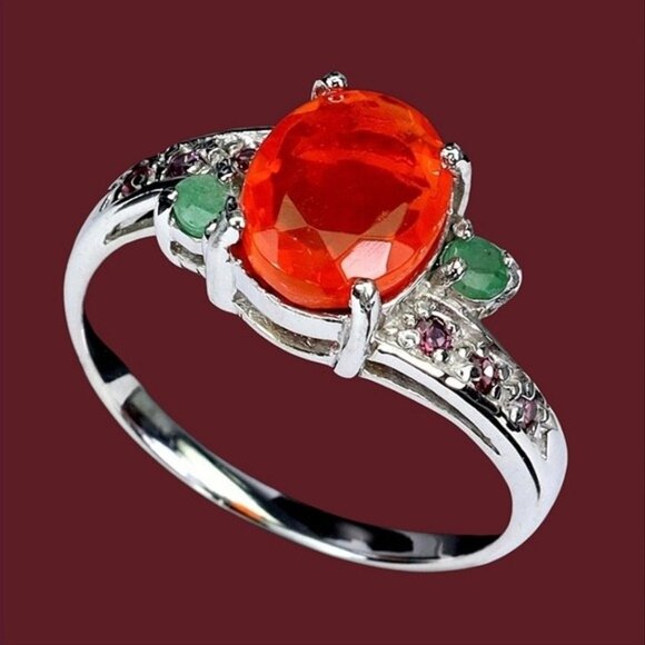 925 Sterling Silver Ring Sz 8.25 with Natural Orange Opal 9x7mm & Emerald Gems - Picture 2 of 3